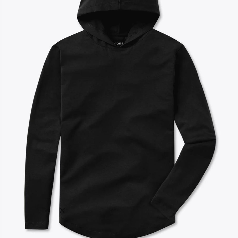 Cuts men’s black elongated long sleeve hooded curved hem shirt XXL